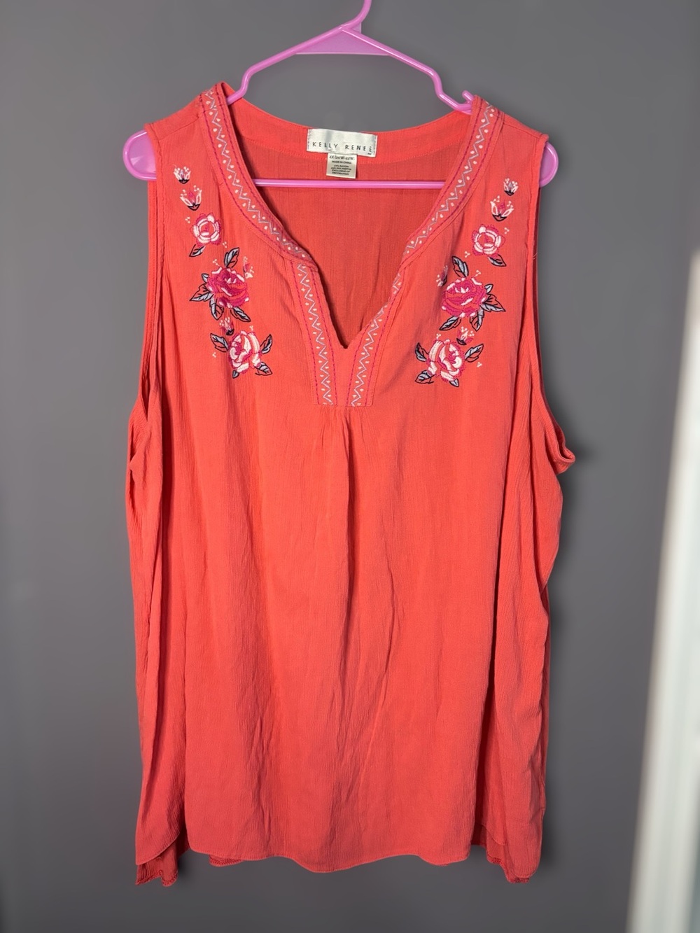 Kelly Renee Coral Floral Embroidered Gauze Sleeveless Top 2X